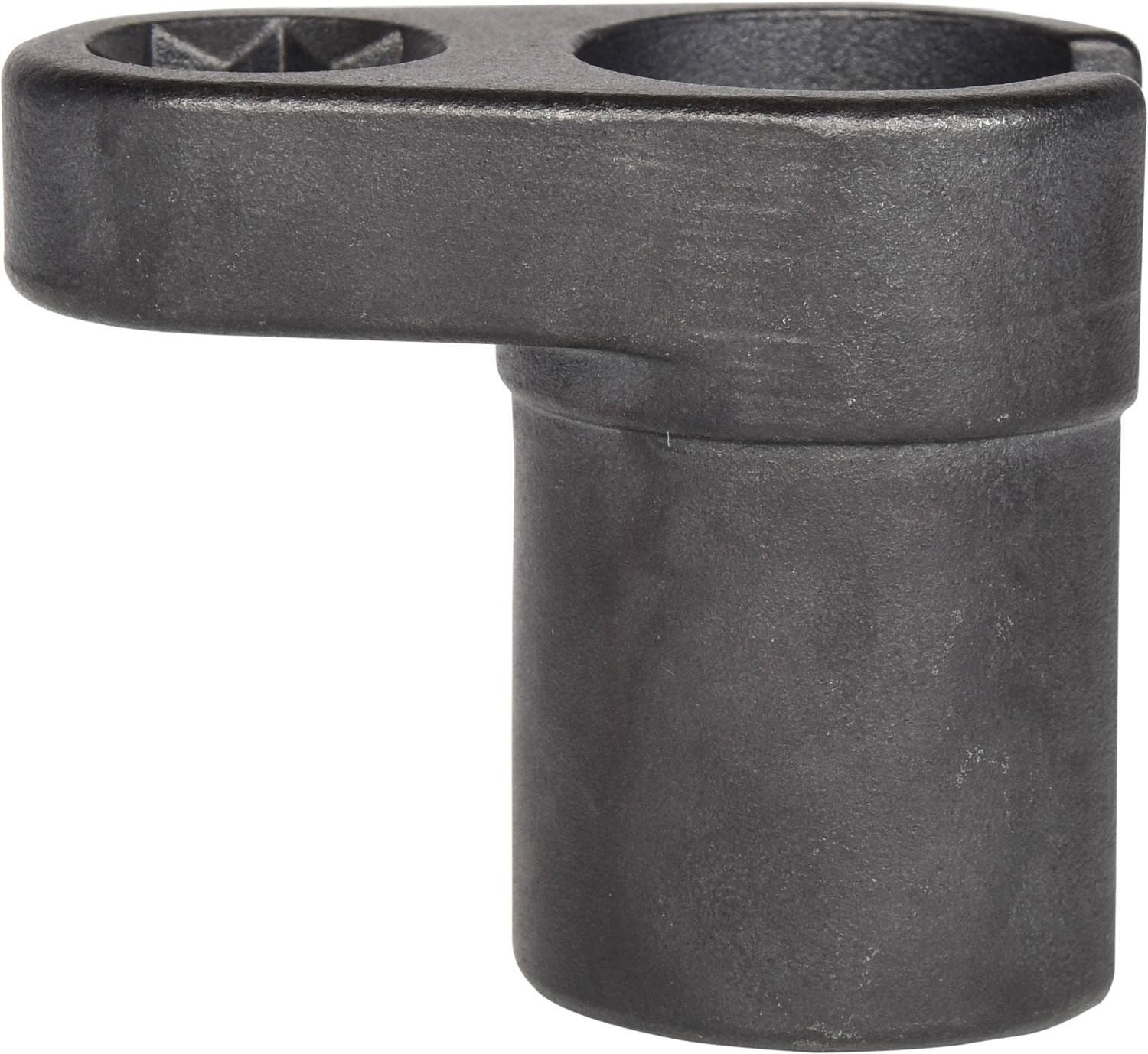 Schwarzes Verbindungsstück aus Kunststoff, zylindrische Form mit rechteckiger Verlängerung. Verwendet zur Befestigung in Baukästen.