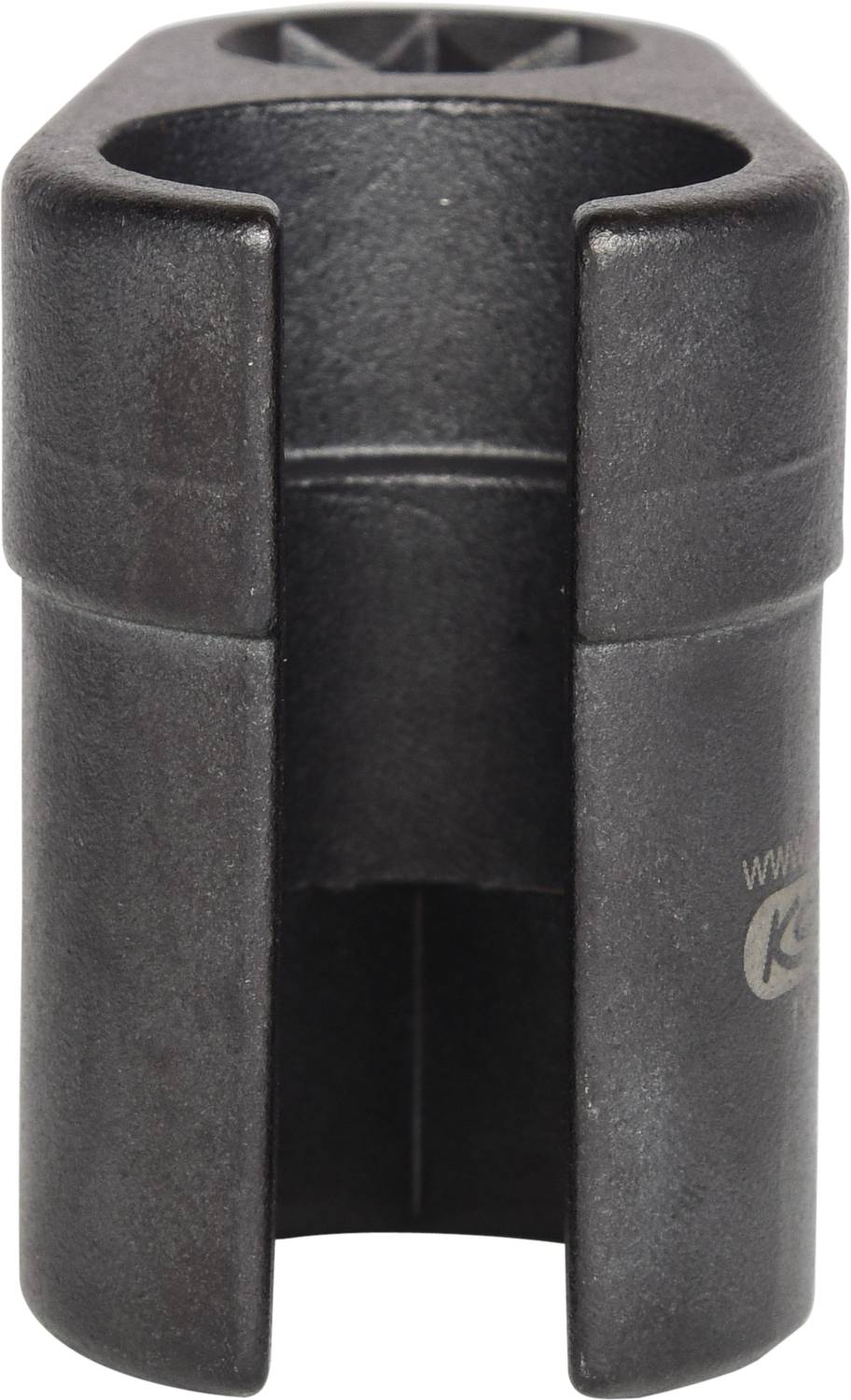 Ein schwarzes, zylinderförmiges Kunststoffteil mit einer Öffnung oben. Es könnte ein Verbindungselement oder Halterungsteil sein.