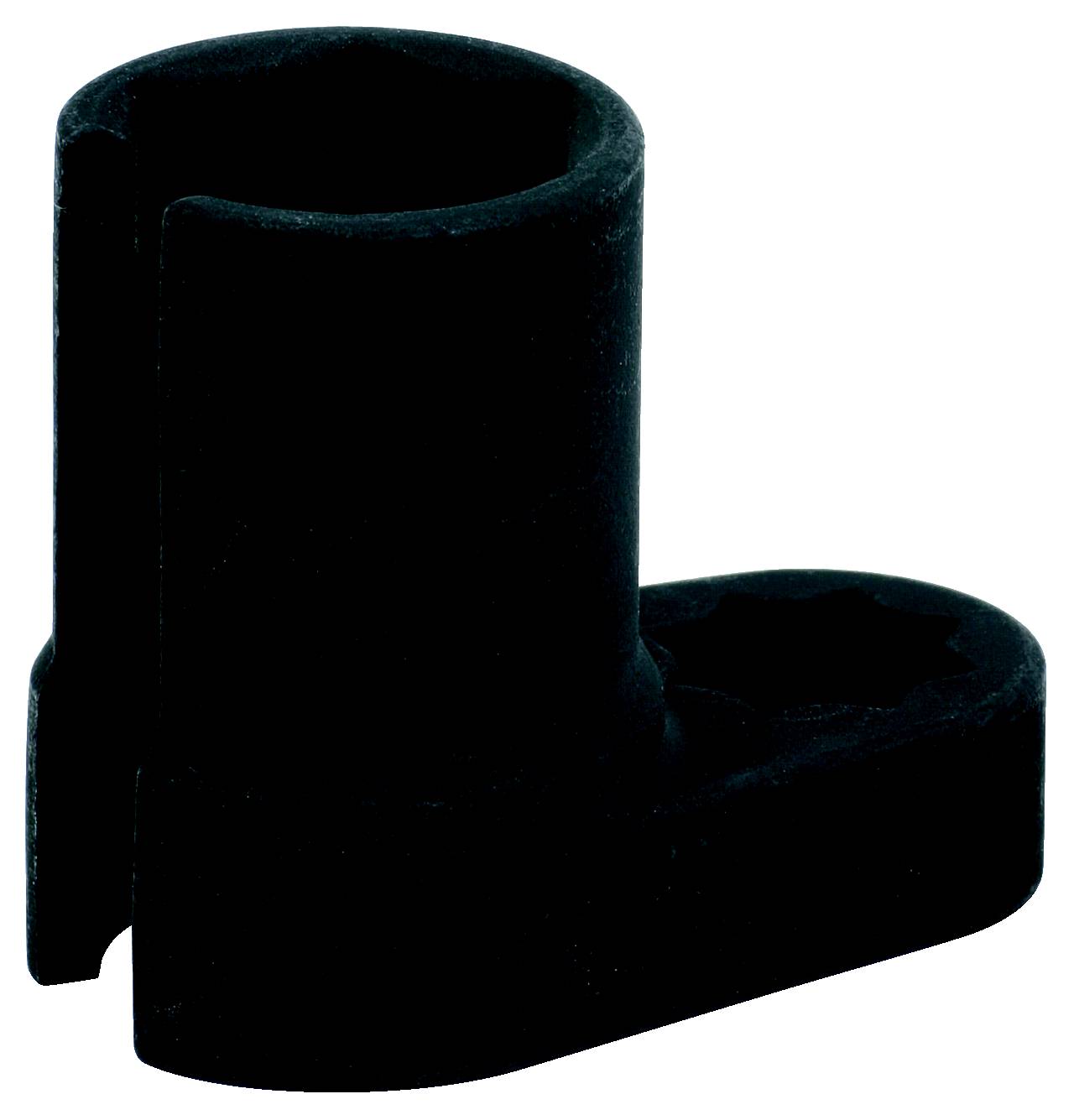 Ein schwarzes, L-förmiges Kunststoffteil mit einer Öffnung an einem Ende, möglicherweise ein Bauteil oder Halterung.