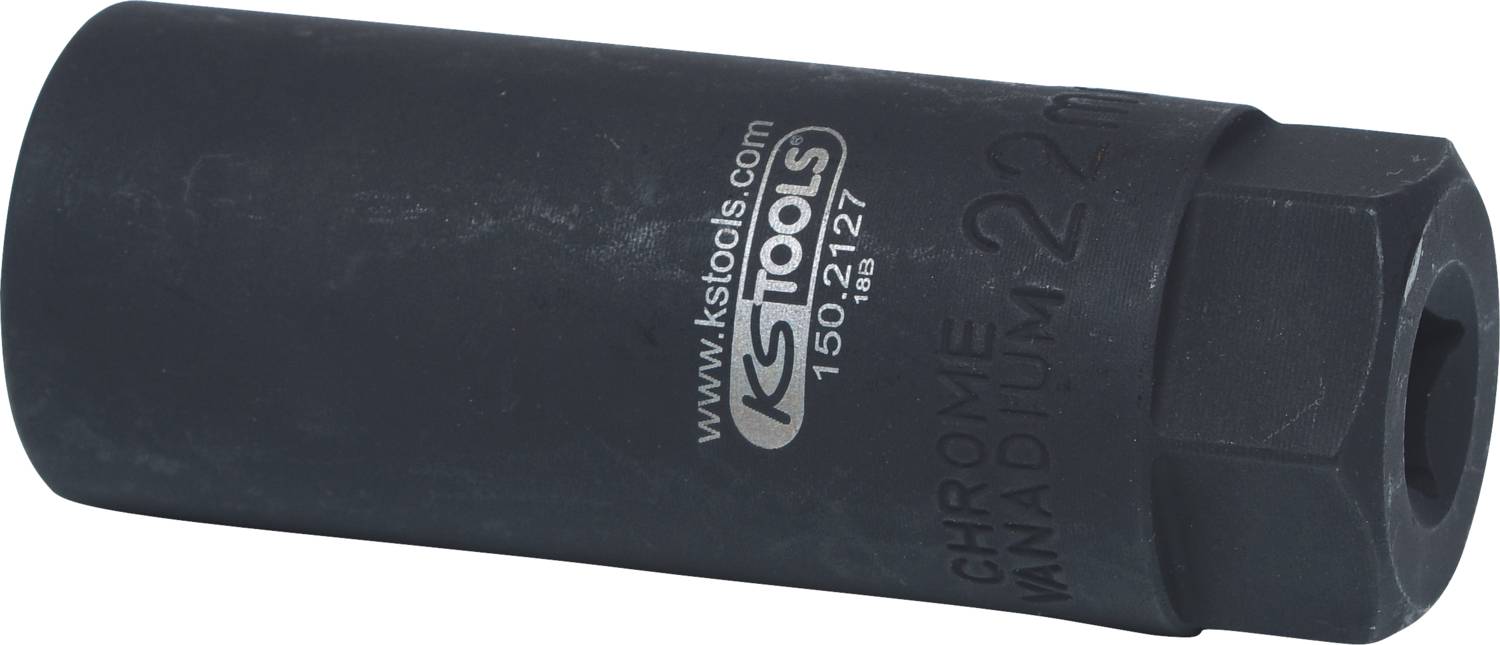 Schwarze Stecknuss aus Chrom-Vanadium-Stahl mit Markierung 'KS TOOLS' und Größenangabe '20 mm', hexagonale Form.