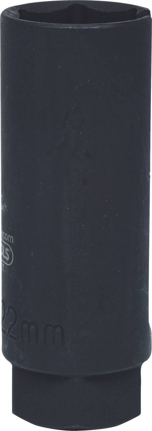 Eine schwarze Sechskantnuss aus Metall mit eingeprägter '22 mm' Markierung, verwendet für Schraubarbeiten.