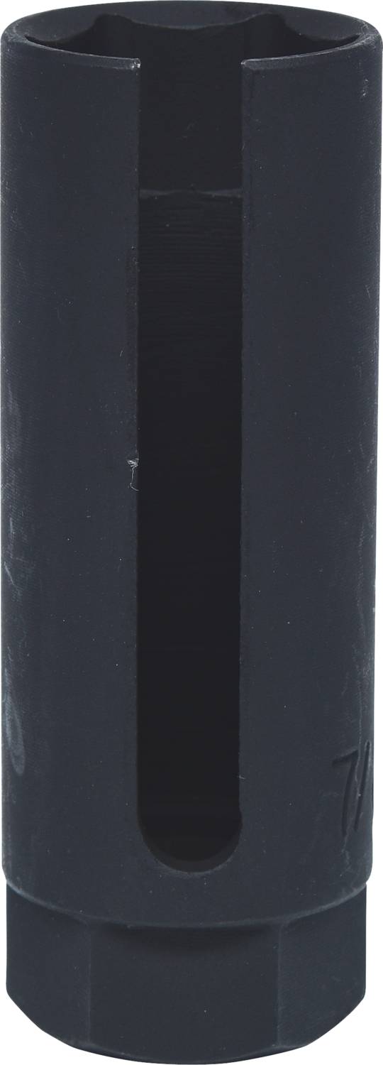 Ein schwarzes Werkzeug mit einem langen, vertikalen Schlitz in der Mitte, möglicherweise ein spezieller Sockel oder Adapter.