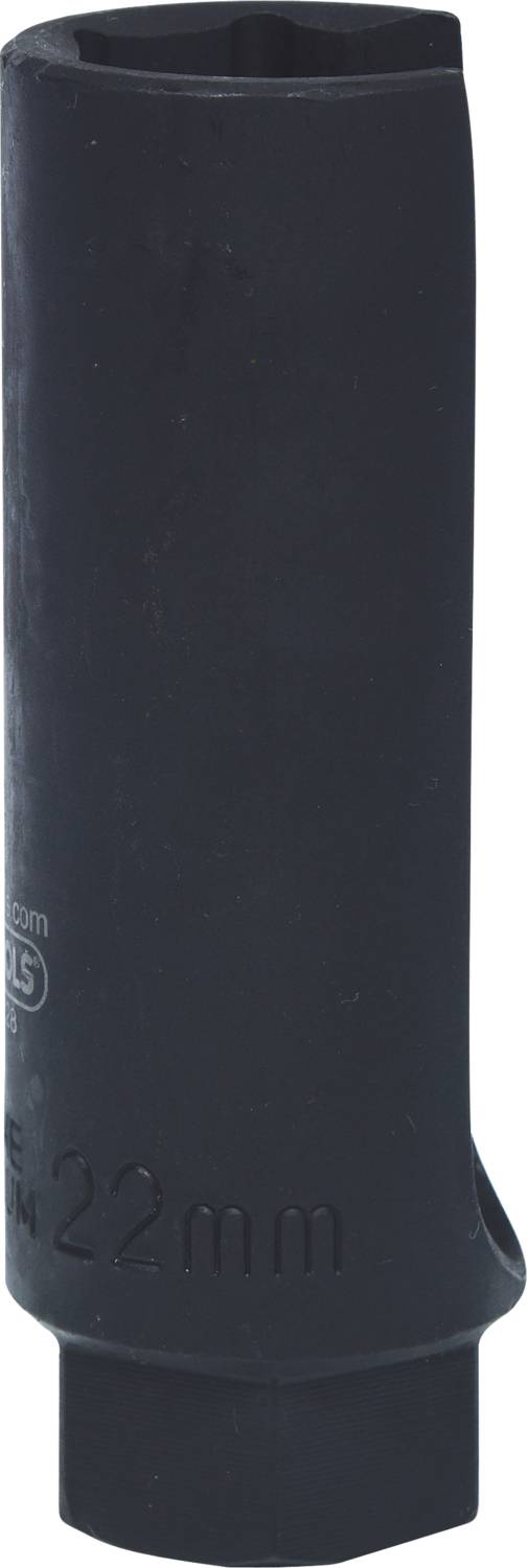 Ein schwarzer, zylindrischer Nussaufsatz mit der Aufschrift '22 mm' auf der Seite, geeignet für Schraubarbeiten.