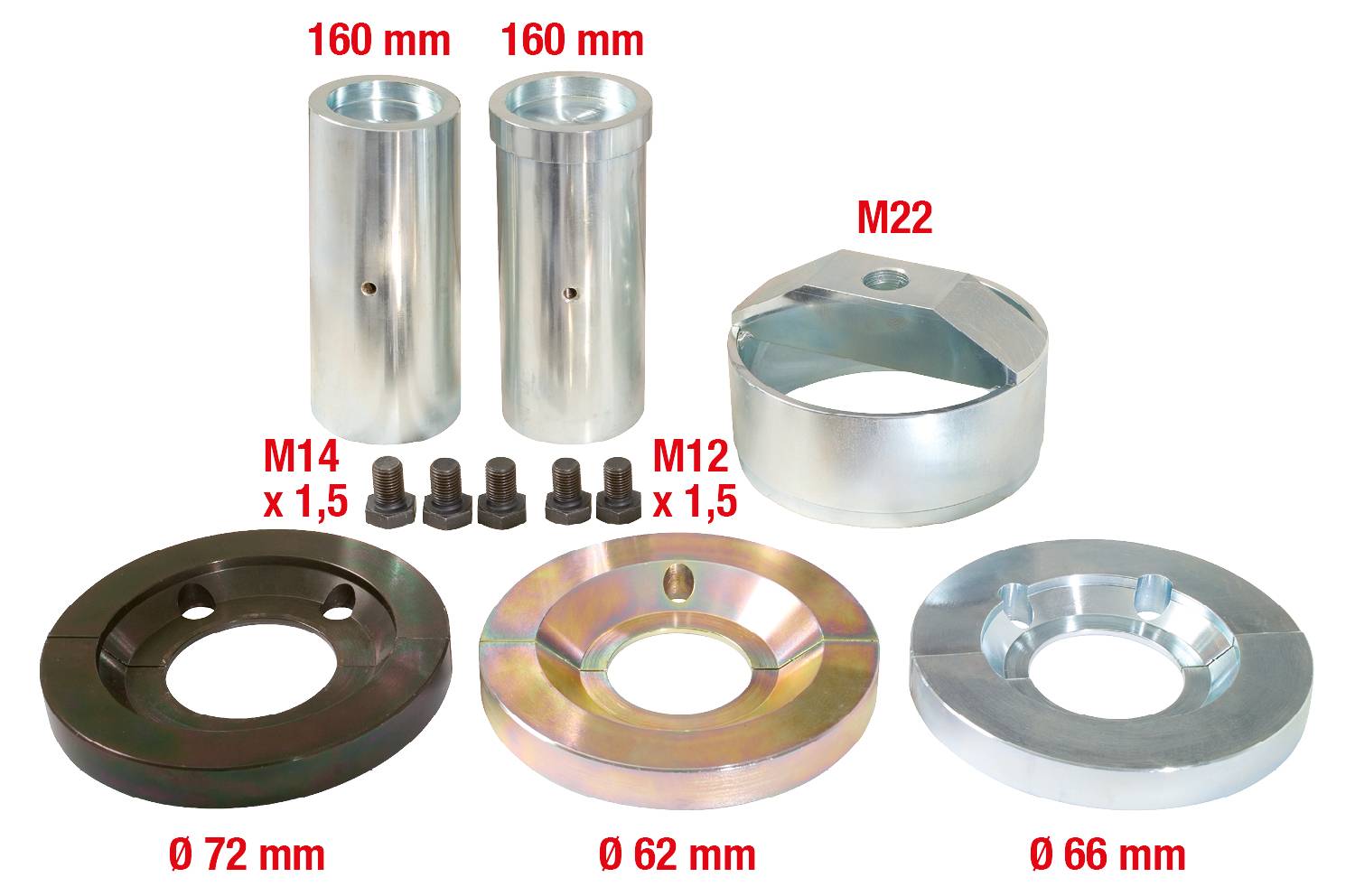 Stahlteile für Fahrzeugmontage: zwei röhrenförmige Distanzhalter (160 mm), vier Schrauben (M14 x 1,5), ein Ring (M22), drei Unterlegscheiben (Ø 72, 62, 66 mm).