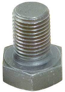 Ein einzelner, silberner Metallbolzen mit Gewinde, Ansicht von oben.