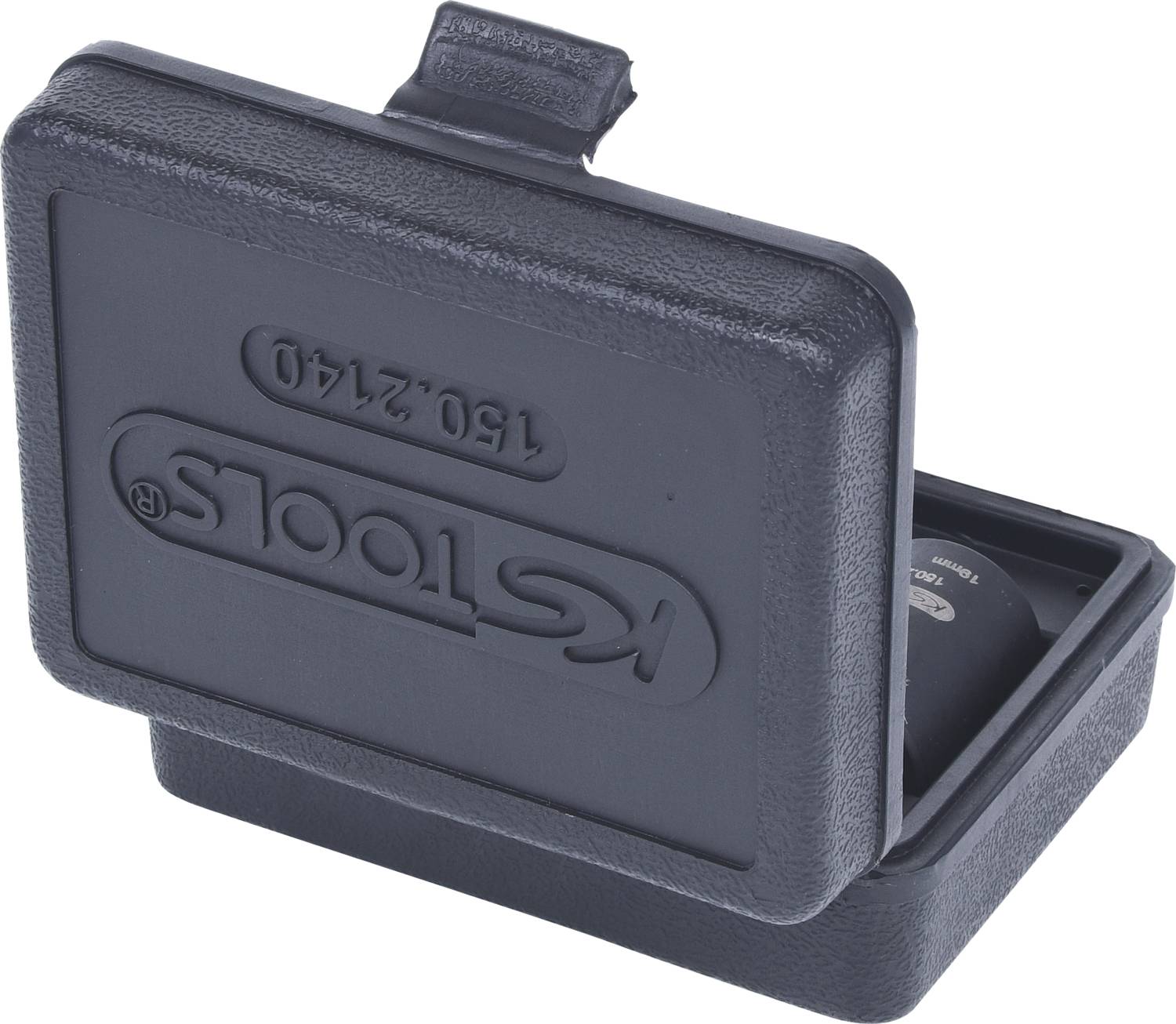 Eine schwarze, rechteckige Kunststoffbox, die mit einem Deckel teils geöffnet ist. Auf dem Deckel stehen die Zahlen '150.2140'.