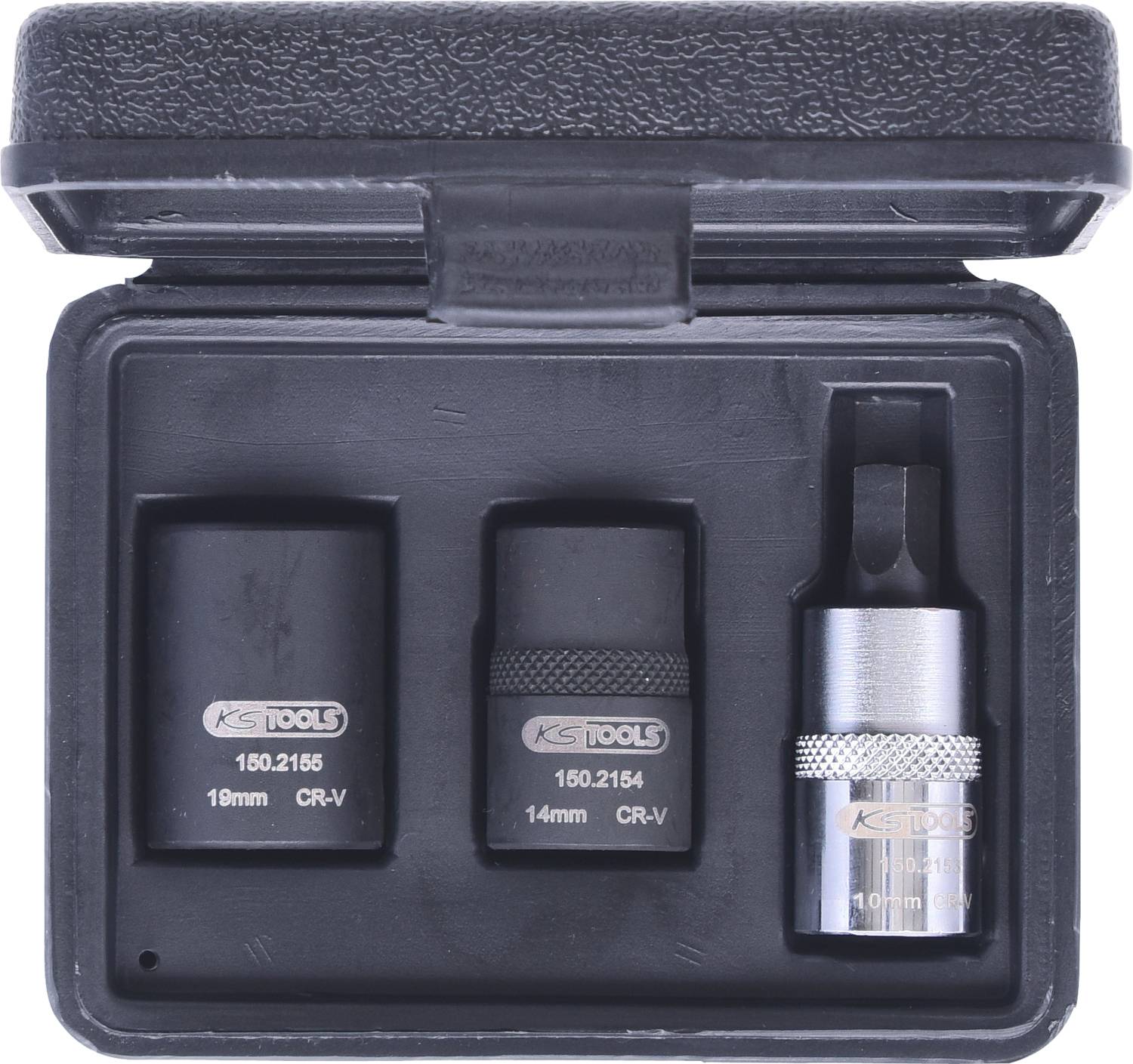 Drei Stecknüsse in einer schwarzen Kunststoffbox: 19mm, 14mm und 10mm. Werkzeuge für mechanische Arbeiten, Marke: KS Tools.