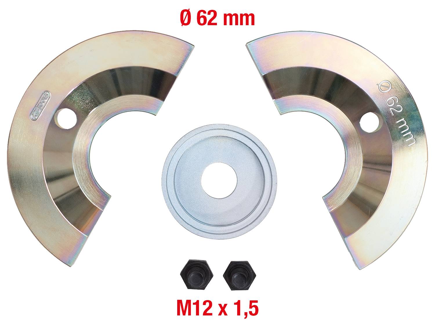 Zwei halbkreisförmige Metallteile mit Ø 62 mm, eine mittige silberne Scheibe und zwei schwarze Schrauben darunter, M12 x 1,5.