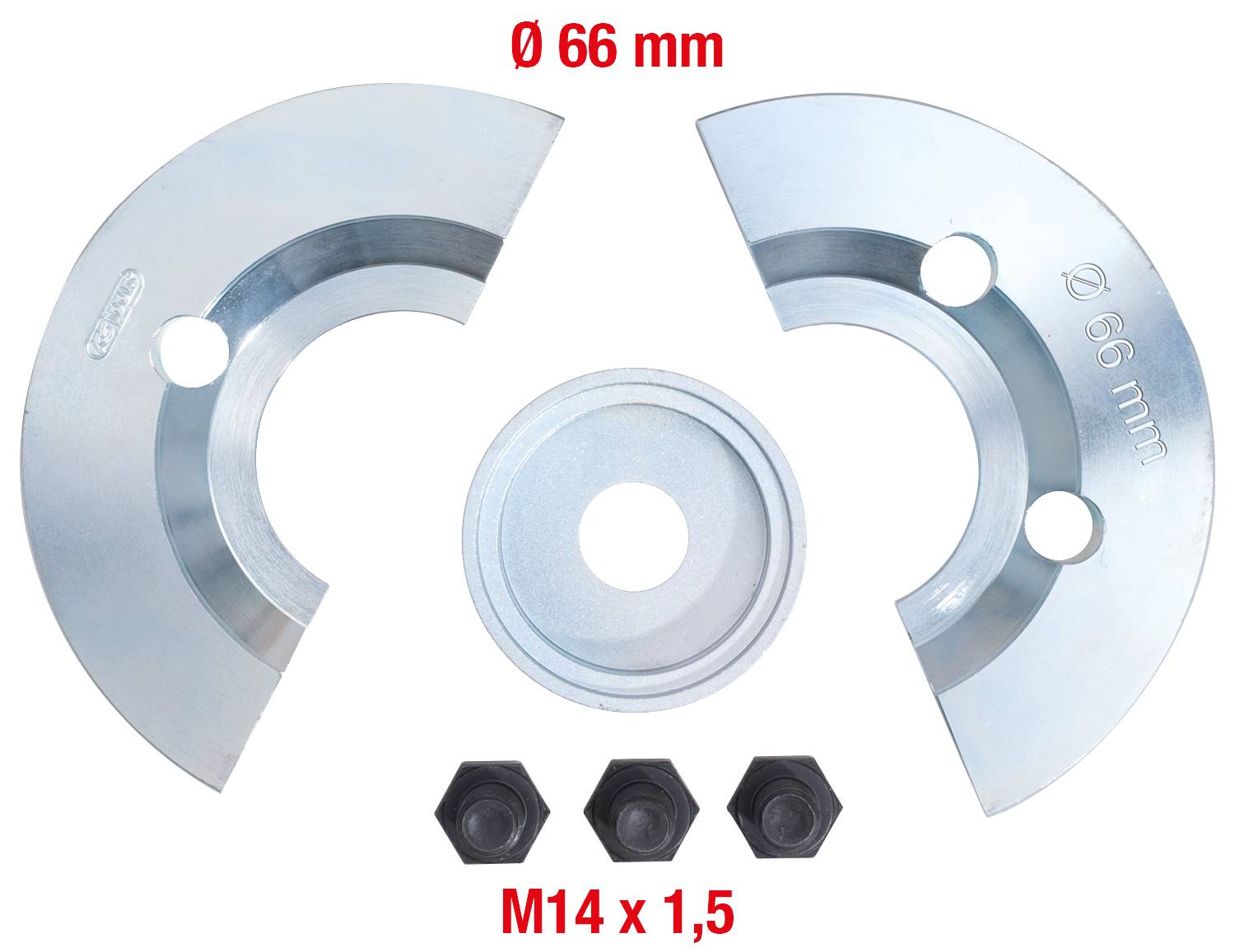 Zwei halbrunde Metallteile, 66 mm Durchmesser, mit Öffnungen und zentralem Loch; darunter drei Sechskantmuttern und ein rundes Stück.