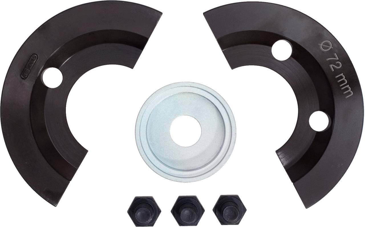 Ersatzteile-Set: Zwei halbrunde schwarze Scheiben mit 'Ø 72 mm' Aufschrift, eine zentrale Metallscheibe und drei schwarze Schrauben.