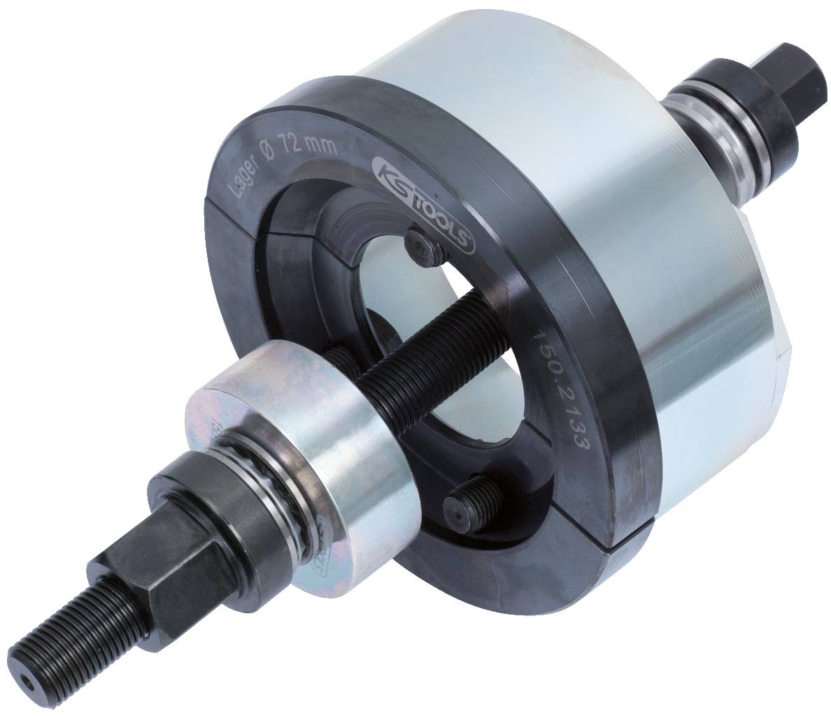 Ein silbernes und schwarzes Werkzeug zur Montage von Radnaben, bestehend aus mehreren ineinandergreifenden Teilen.