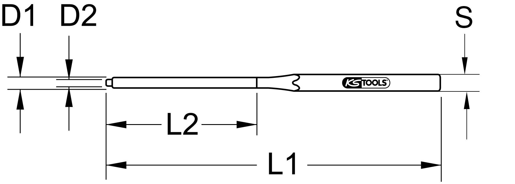 Technische Zeichnung eines Werkzeugs mit Markierungen: Durchmesser D1, D2, Länge L1, L2, und Größe S, zeigt das Logo 'KS Tools'.