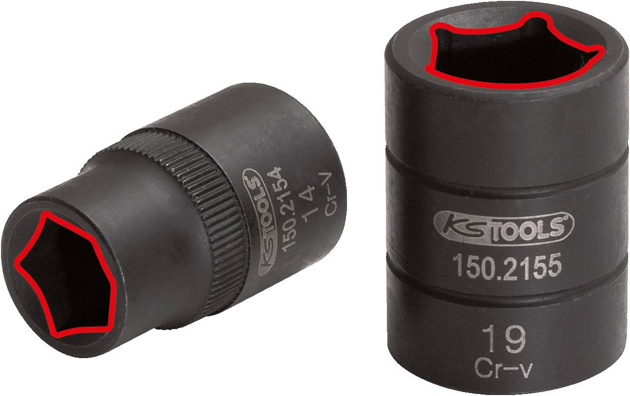 Zwei schwarze Schraubenschlüsselaufsätze mit roter Markierung der Haltung, mit Beschriftung 'KS Tools', Größenangaben und Material.