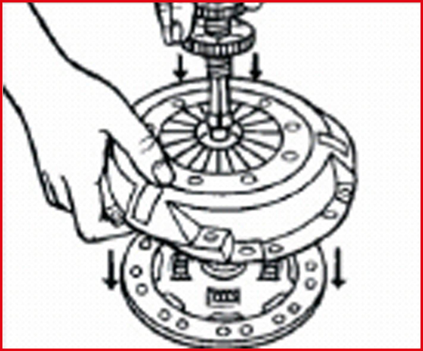 Ein Mechanikerhand hält eine Druckplatte über einem Kupplungsmechanismus, um sie zu installieren. Pfeile zeigen die Richtung der Montage an.