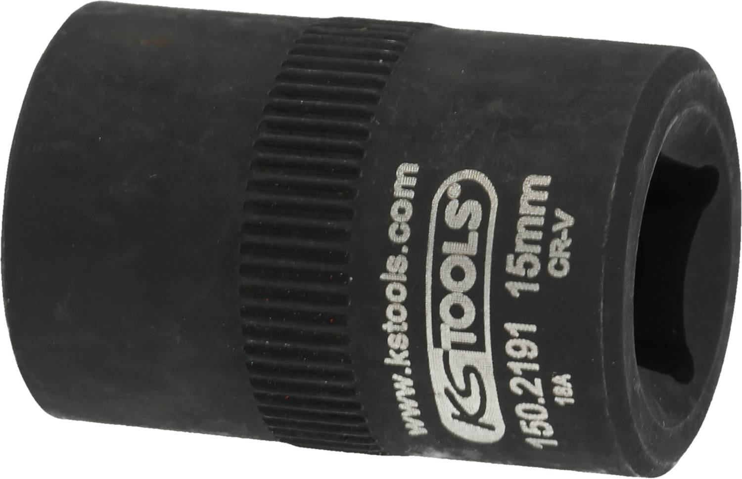 Schwarze Stecknuss von KS Tools, Größe 15 mm, mit Rändelung für besseren Halt. Gehäuse trägt die Aufschrift '150.2191 CR-V'.