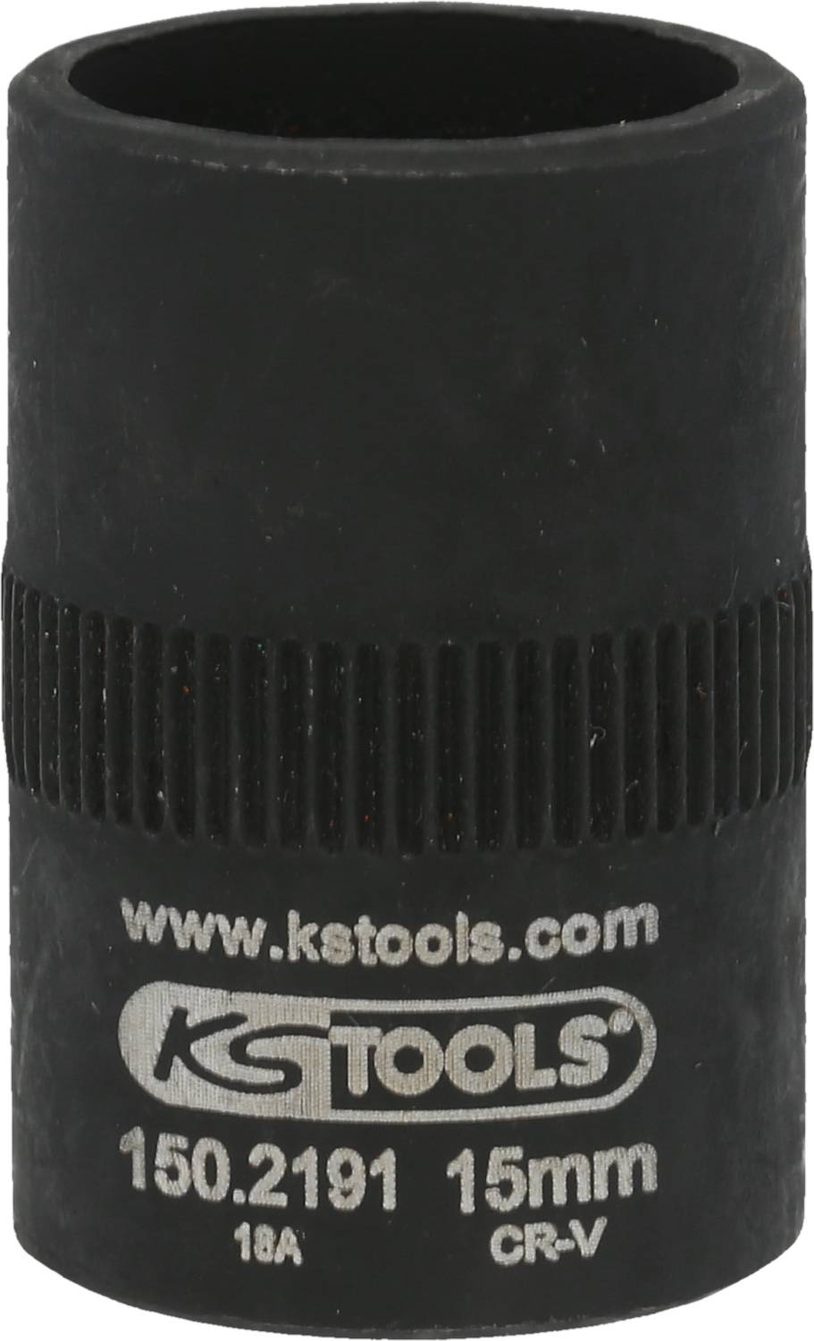 'KS Tools' Steckschlüssel-Einsatz mit 15 mm Größe und runder Form, Beschriftung auf schwarzem Metall, feines geriffeltes Mittelstück.