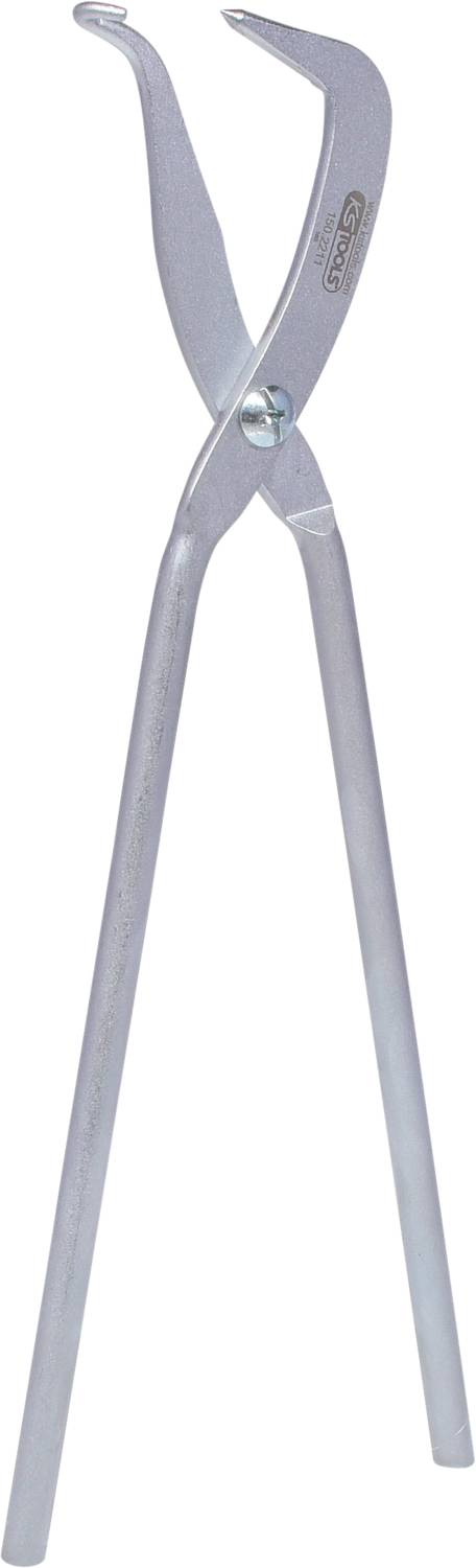 Eine lange silberne Metallzange mit gebogenen Greifarmen, verwendet zum Halten oder Greifen von Objekten.