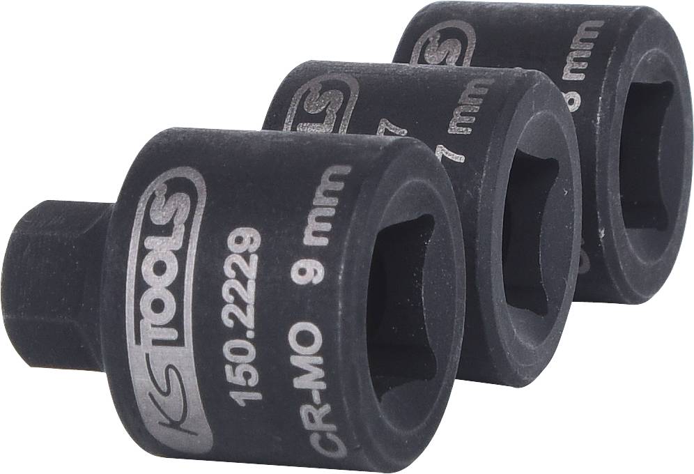 Drei schwarze Steckschlüsselaufsätze mit 10 mm, 9 mm und 7 mm Beschriftung, aus robustem CR-MO Material.