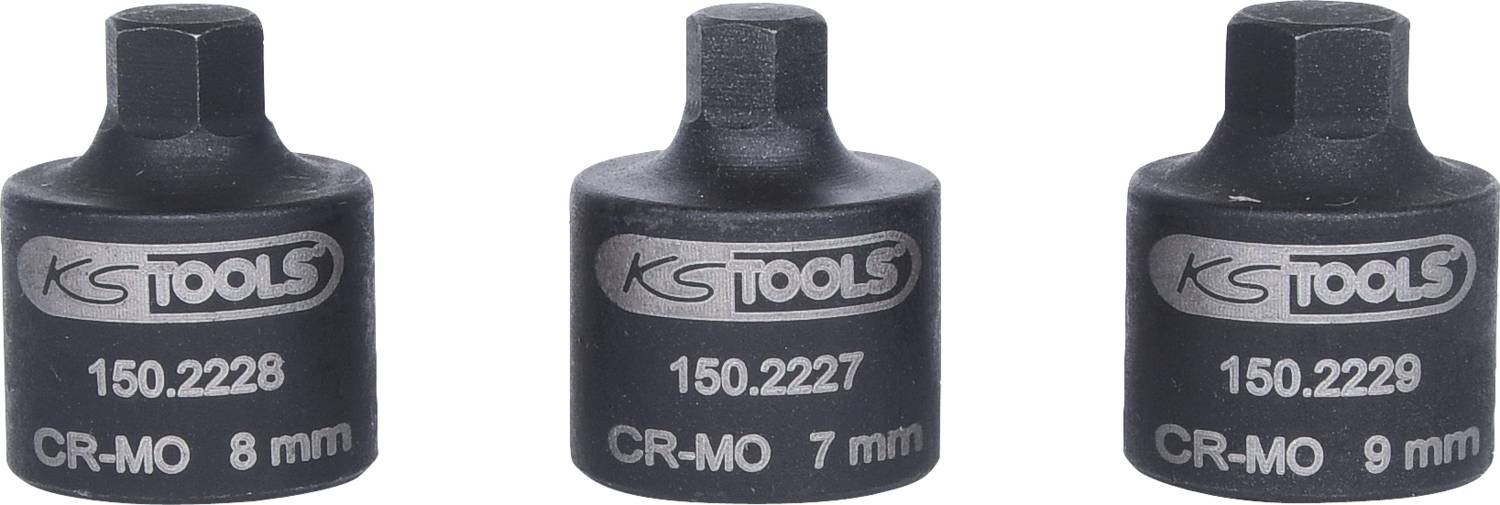 Drei schwarze Stecknüsse (7 mm, 8 mm, 9 mm) von KS Tools aus CR-MO-Stahl, nebeneinander aufgereiht, mit Aufschriften auf der Vorderseite.
