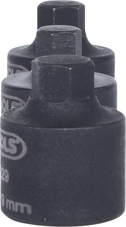 Drei schwarze Stecknüsse in verschiedenen Größen in einer Reihe. Frontansicht zeigt hexagonale Öffnungen für Werkzeugeinsatz.