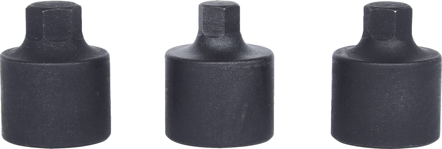 Drei schwarze Steckschlüsseladapter in einer Reihe, zylindrische Form mit quadratischem Kopf, vor weißem Hintergrund.