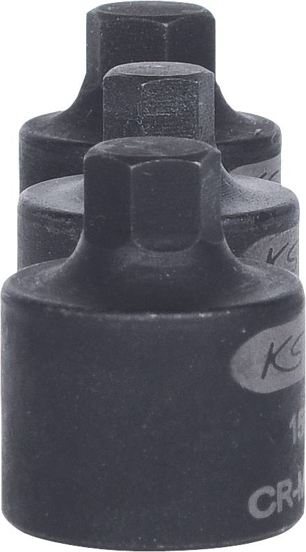 Drei schwarze Sechskant-Schraubenschlüsselaufsätze in einer Reihe, unterschiedliche Größen, für mechanische Arbeiten geeignet.