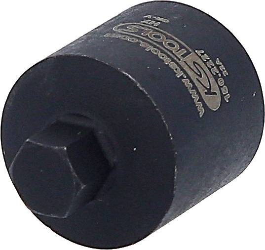 Schwarzer Steckschlüsseladapter mit Sechskantkopf und Firmenlogo. Geeignet für Mechanik- oder Bauanwendungen.