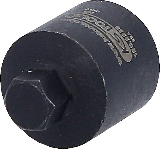 Ein schwarzes, zylinderförmiges Werkzeugadapter mit einer sechskantigen Öffnung, geeignet zur Verwendung mit einem Schraubenschlüssel.