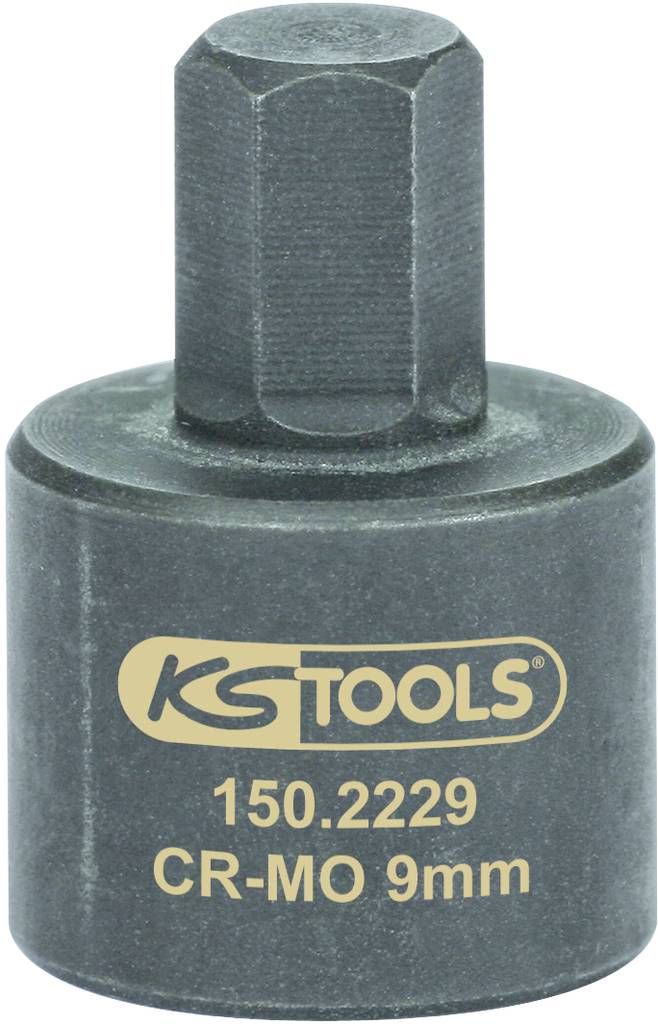 Metallischer Steckschlüsseleinsatz mit Aufschrift 'KStools 150.2229 CR-MO 9mm', geeignet für Schraubarbeiten.