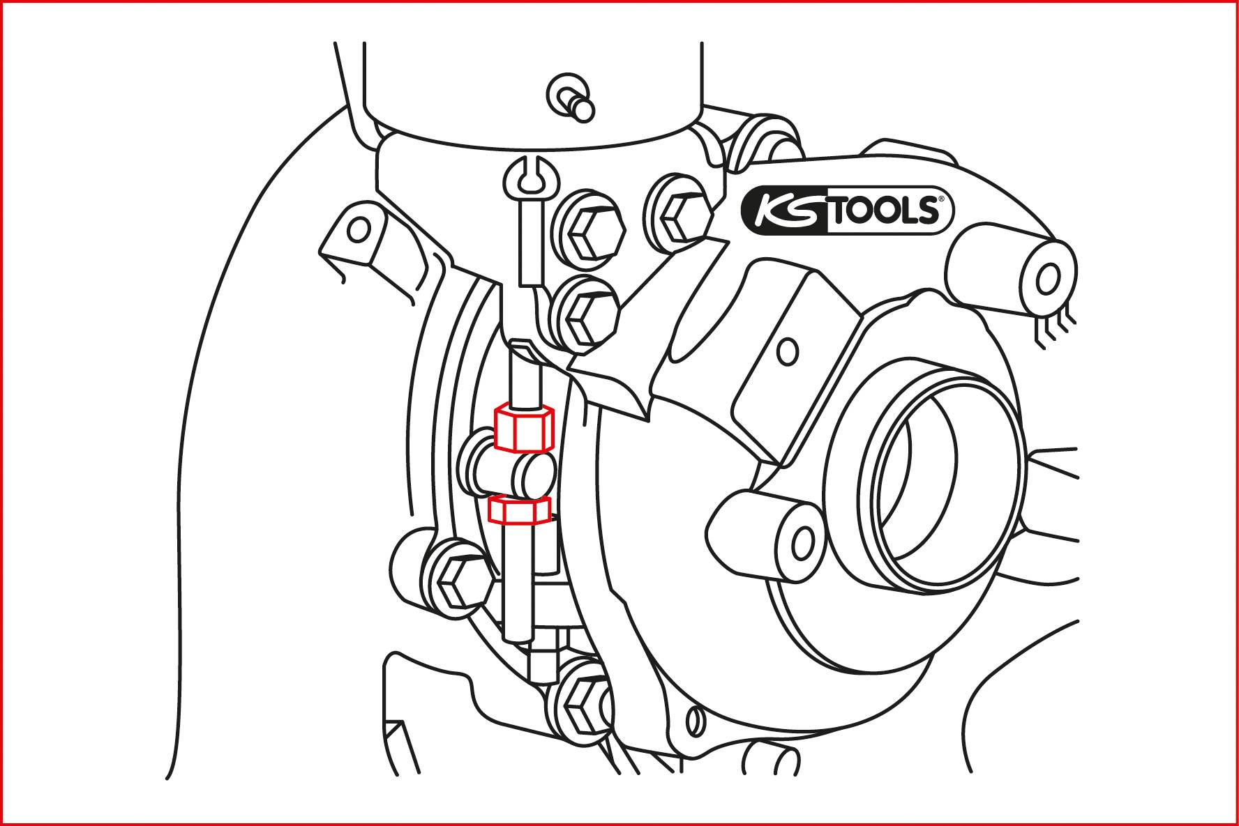Illustration eines Turboladers mit hervorgehobenen Bereichen, die Verschraubungen markieren. 'KS TOOLS'-Logo sichtbar.