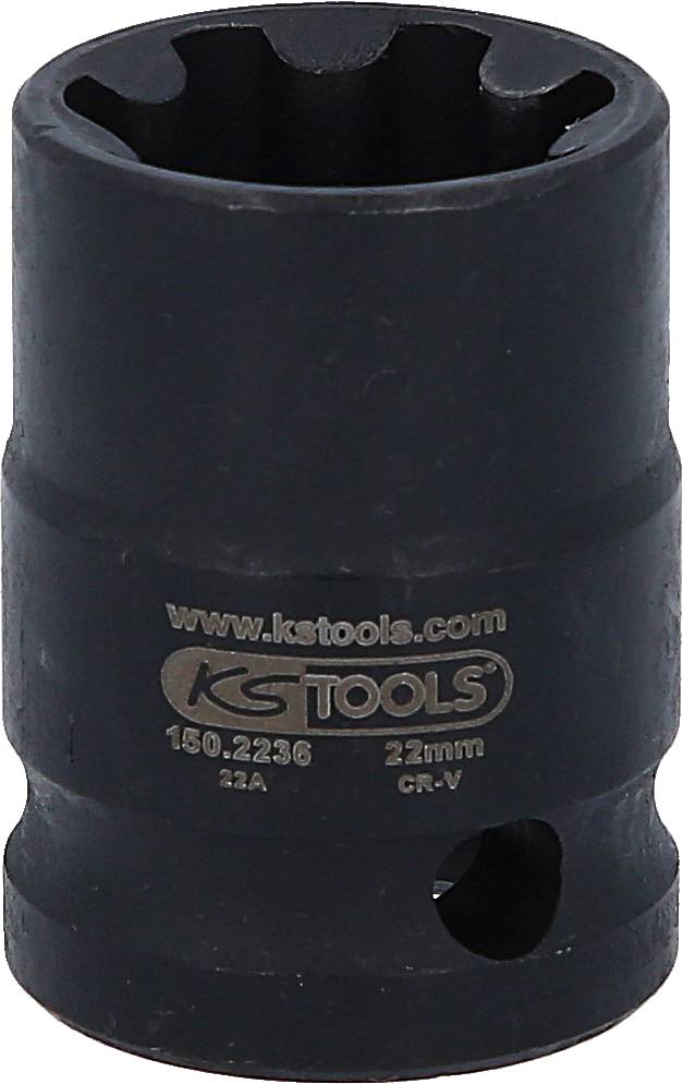 'KS Tools' Steckschlüssel 23 mm. Schwarze Metallkonstruktion, zylindrische Form, geeignet für mechanische Anwendungen und Reparaturen.