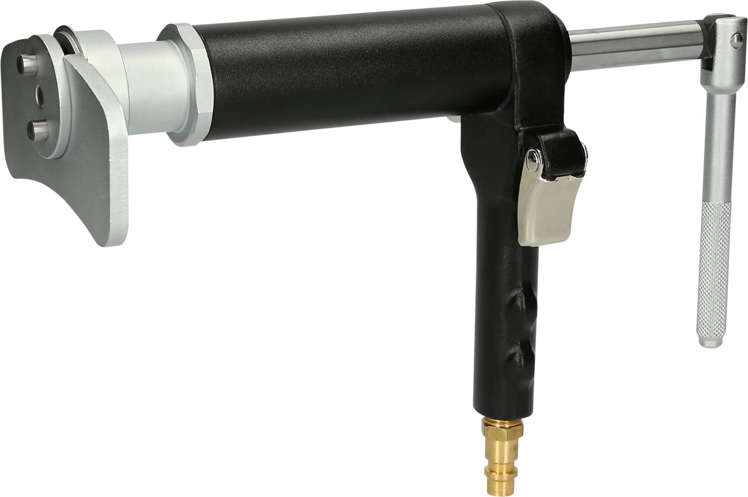 Ein schwarzes mechanisches Werkzeug mit einem zylindrischen Griff und Hebel, verwendet für mechanische oder technische Anwendungen.