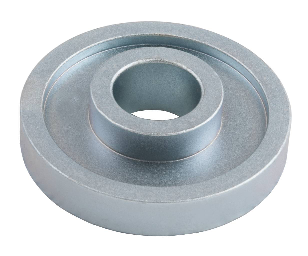 Graues Metallrad mit zentralem Loch und erhöhter Mitte, verwendet in mechanischen Anwendungen.