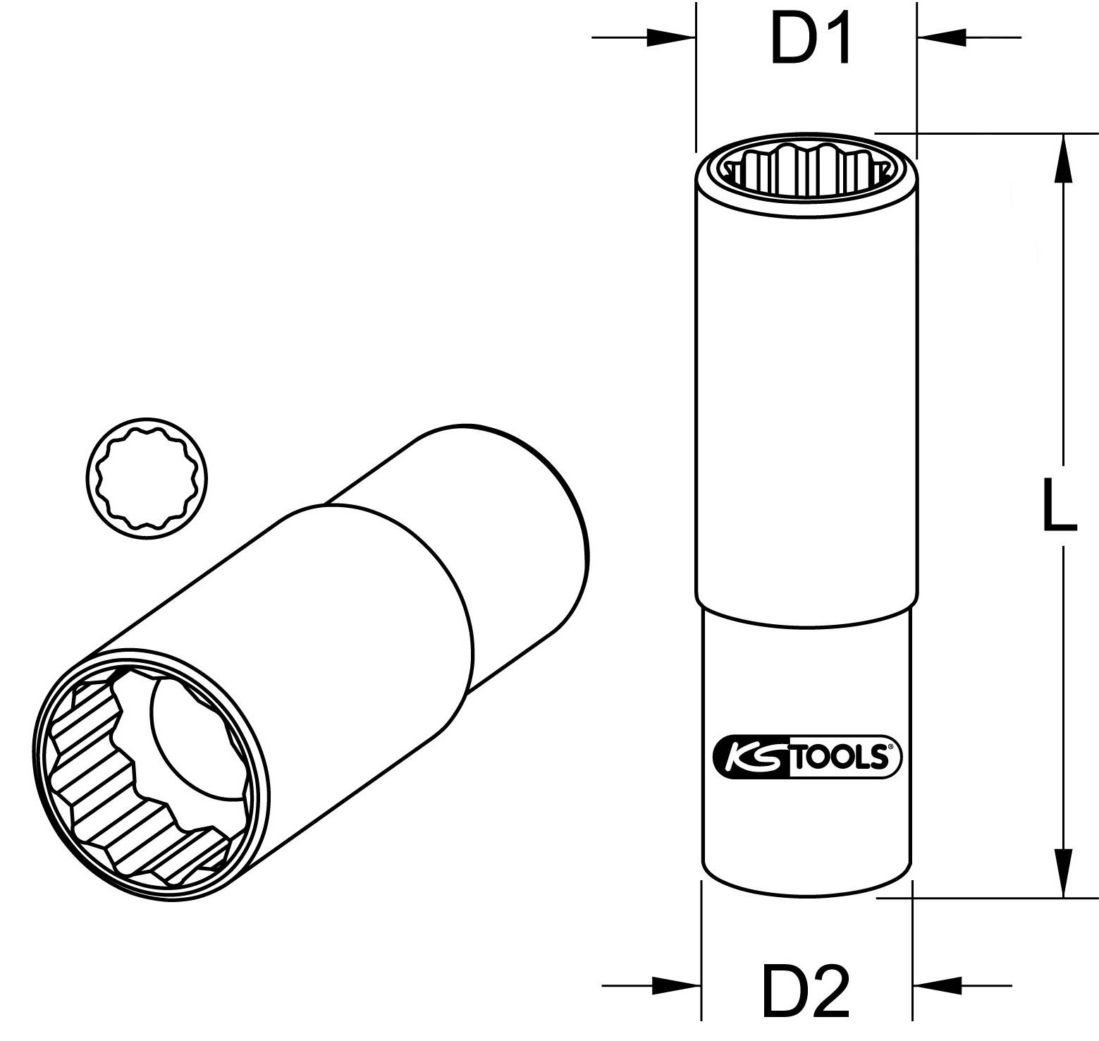 Diagramm eines Steckschlüssels mit Aufsicht und Seitenansicht. Markierungen für Durchmesser D1, D2 und Länge L. KS Tools Logo sichtbar.