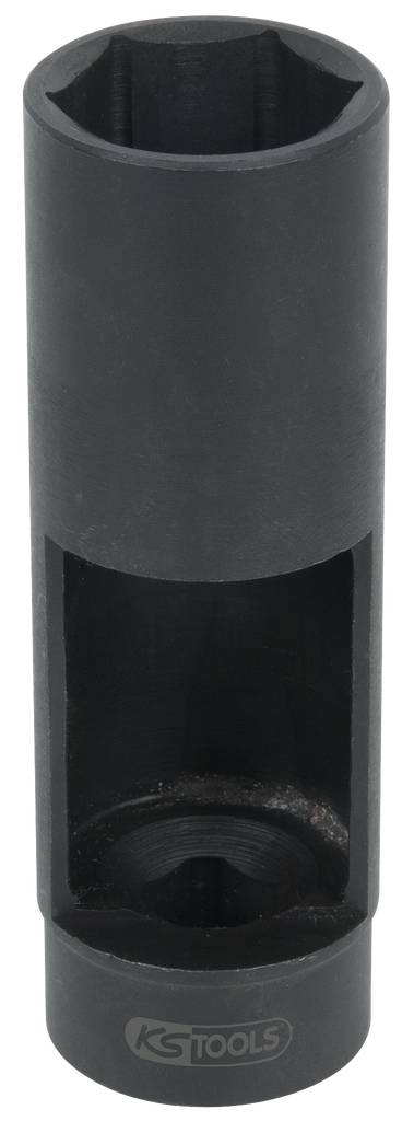 Ein schwarzes Rohrschlüsselwerkzeug mit einem seitlichen Schlitz. Marke 'KS Tools' unten aufgedruckt. Geeignet für spezifische Schraubarbeiten.
