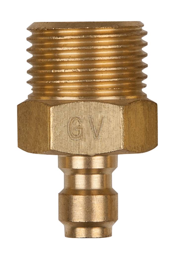 Messingadapter mit Außengewinde und Schlauchtülle, beschriftet mit 'GV'.