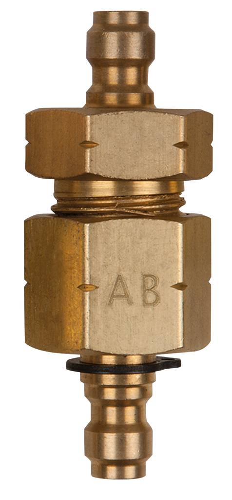 Ein Messingventil mit der Aufschrift 'AB'. Es hat Anschlüsse oben und unten und wird möglicherweise in technischen Anwendungen verwendet.