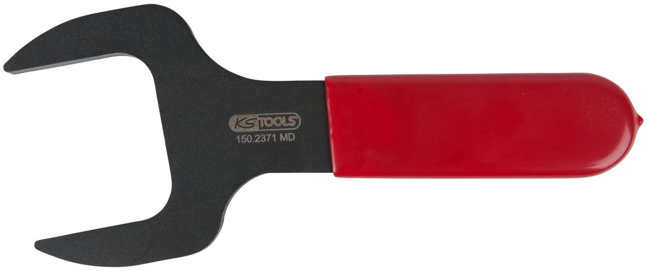 Ein schwarzer, U-förmiger Schraubenschlüssel mit rotem Griff, geeignet zum Lösen und Anziehen von bestimmten Schraubverbindungen.