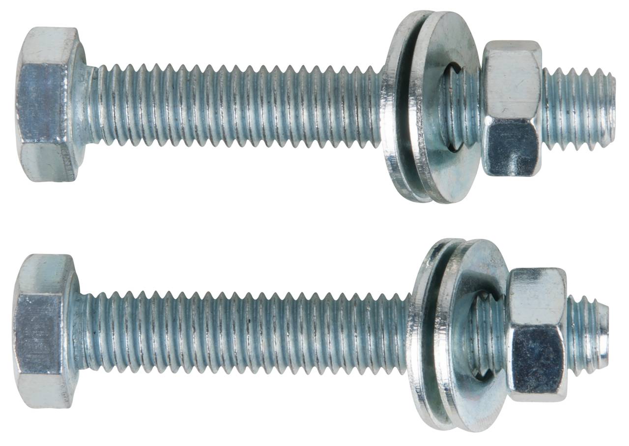 Zwei Metallschrauben mit Unterlegscheiben und Muttern, aus verzinktem Stahl, nebeneinander liegend auf weißem Hintergrund.