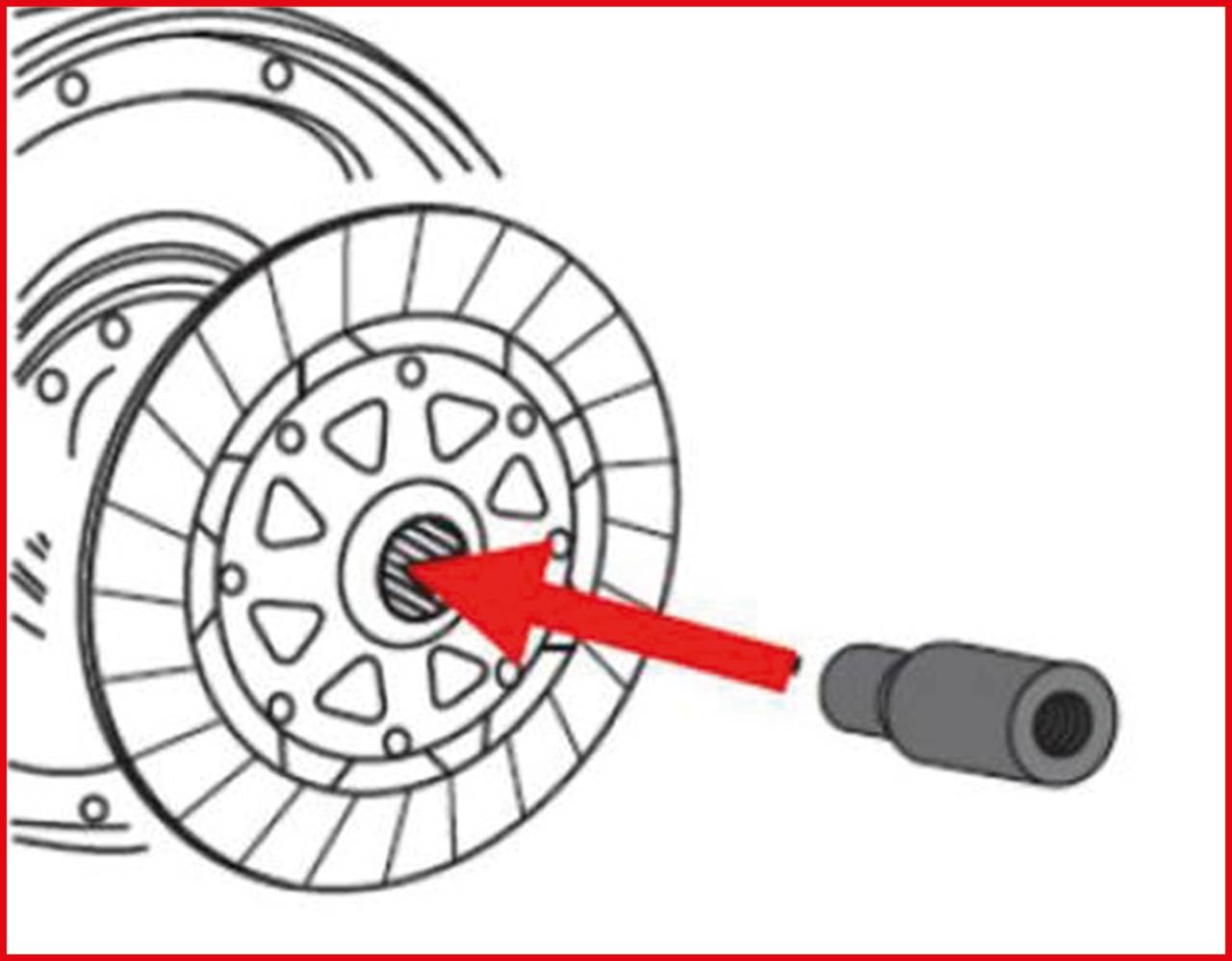 Eine schematische Darstellung einer Kupplungsscheibe mit einem roten Pfeil, der auf das mittlere Lager zeigt.