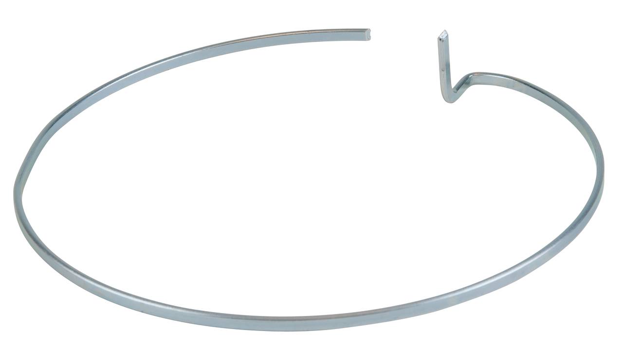 Ein ovaler Metallring mit einem Haken am Ende, möglicherweise ein Bewässerungs- oder Gartenzubehör.