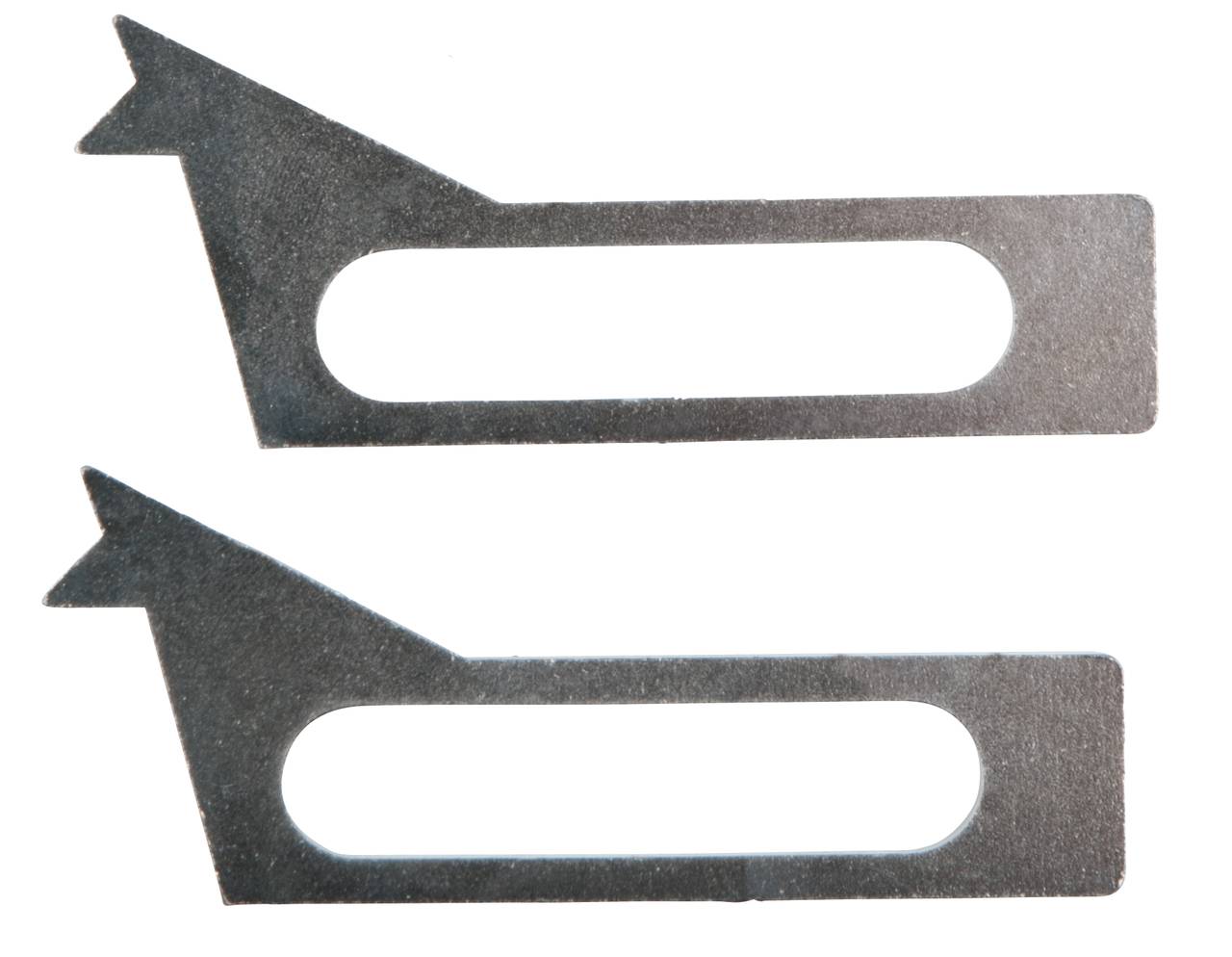 Zwei identische metallische Teile in L-Form mit rechteckiger Aussparung; obere Kante zeigt leicht nach oben und außen.