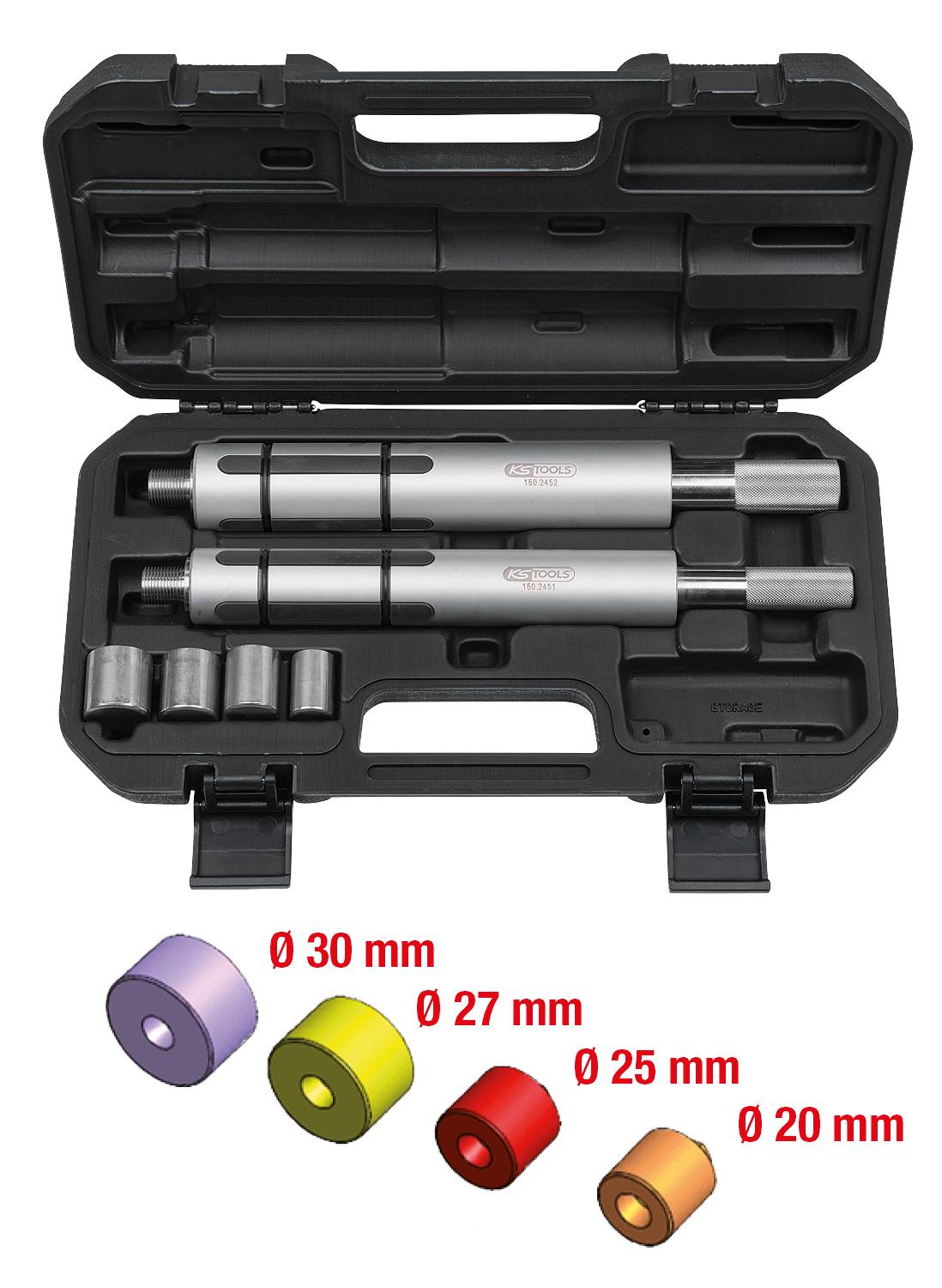 Werkzeugkoffer mit zwei Zylindern und vier Adaptern. Darunter farbcodierte Größenabbildung: 30 mm, 27 mm, 25 mm, 20 mm.
