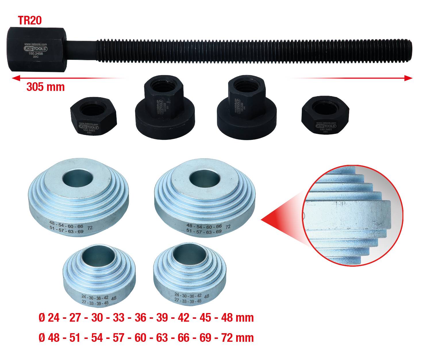 Bolzensatz mit verschiedenen runden Metallelementen, jede mit unterschiedlichen Durchmessermaßen, darunter Detailansicht eines Elements.
