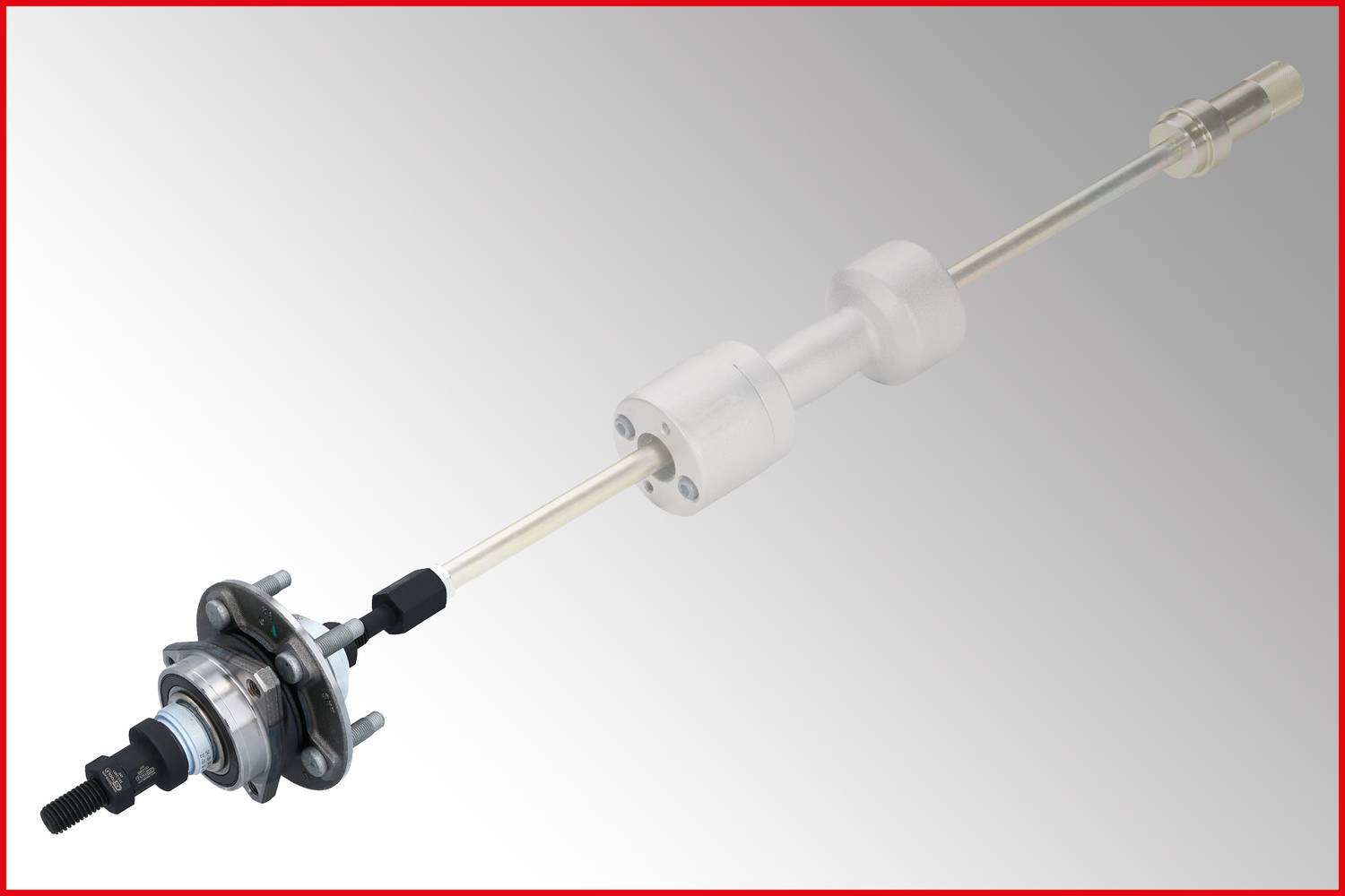 Industriekomponente, bestehend aus einer langen Welle mit mehreren zylindrischen Elementen und einer Metallhalterung am Ende, vor grauem Hintergrund.