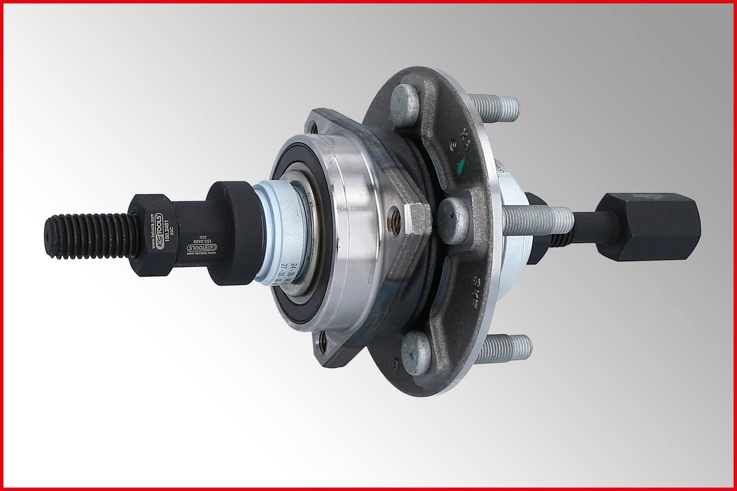 Radlager-Abzieher-Werkzeug mit Montage- und Demontagefunktion, bestehend aus Lager und Spindel, vor grauem Hintergrund.