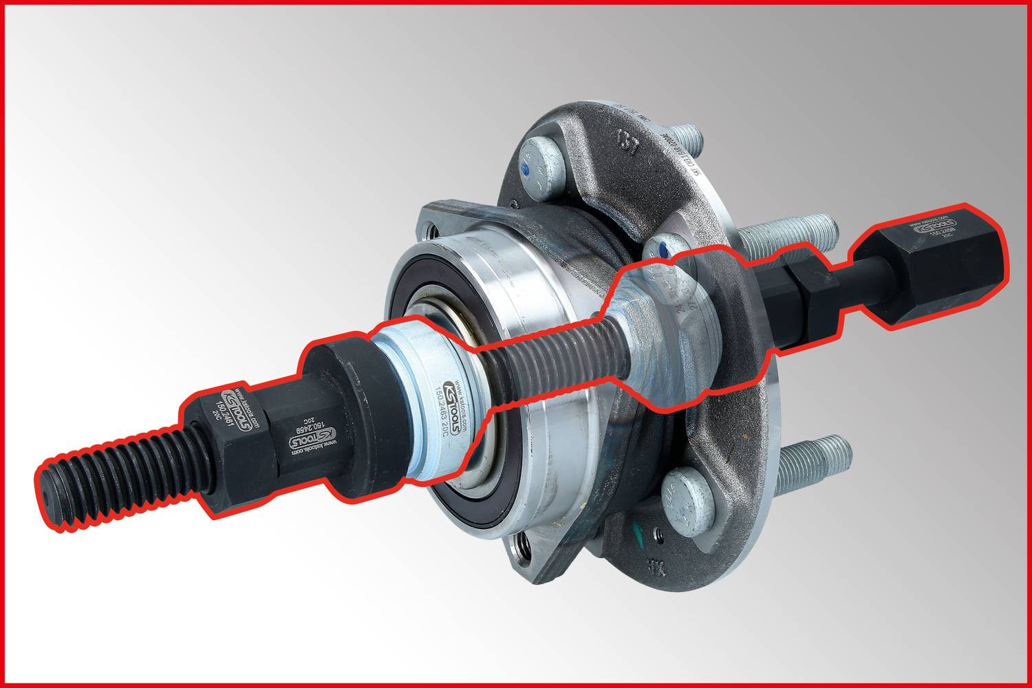 Bild eines Lagerabziehers an einem Radlager. Der Abzieher ist rot umrandet und zeigt, wie das Lager aus dem Gehäuse entfernt wird.