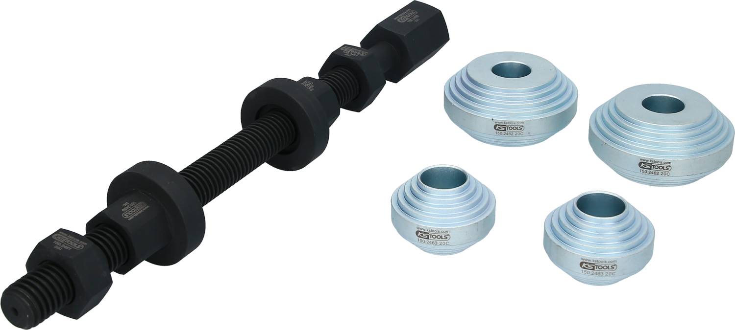 Ziehhülse und Adapter-Set, bestehend aus einer schwarzen Gewindestange mit passenden Aluminiumhülsen für verschiedene Anwendungen.