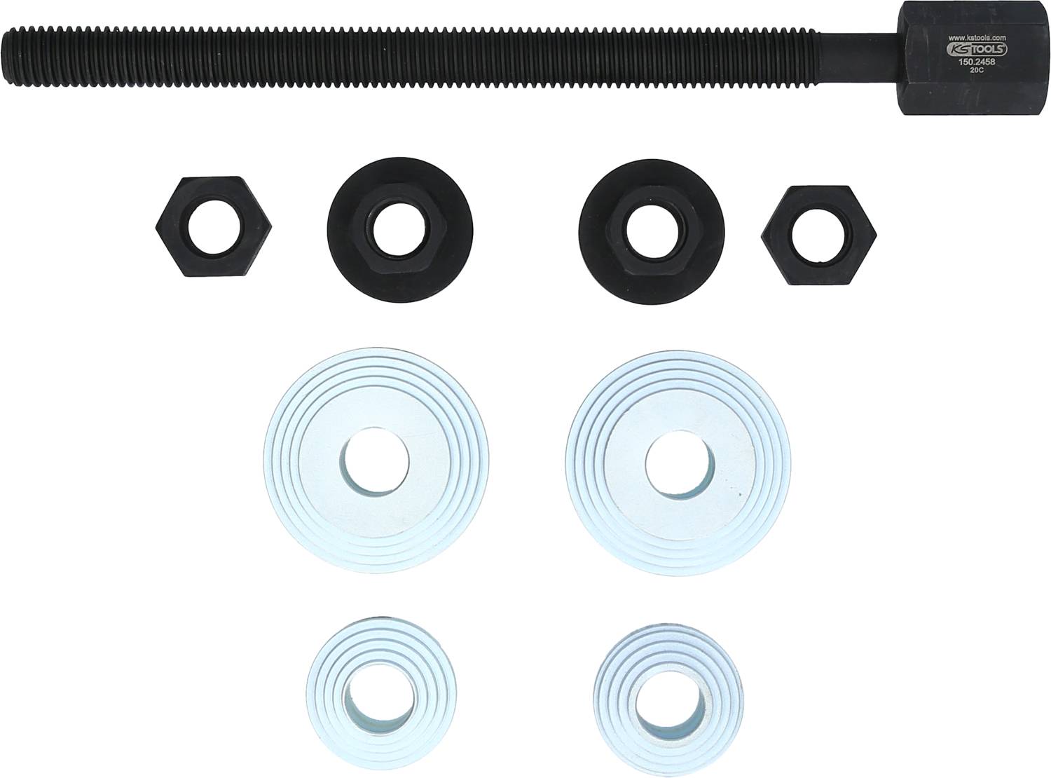 Bild von Schraub- und Unterlegscheiben in verschiedenen Größen, angeordnet in einem Muster. Enthält lange Schraube mit Sechskantkopf.