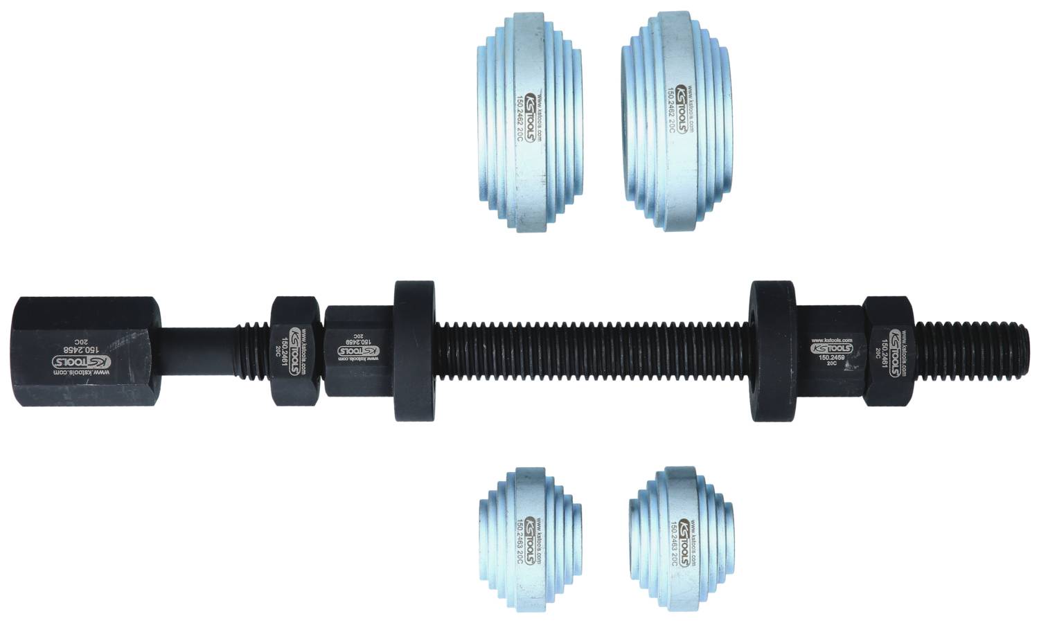 Ein schwarzer Schraubendreher mit vier blauen, geriffelten Aufsätzen, die links und rechts davon angeordnet sind. Restteile in Schwarz.